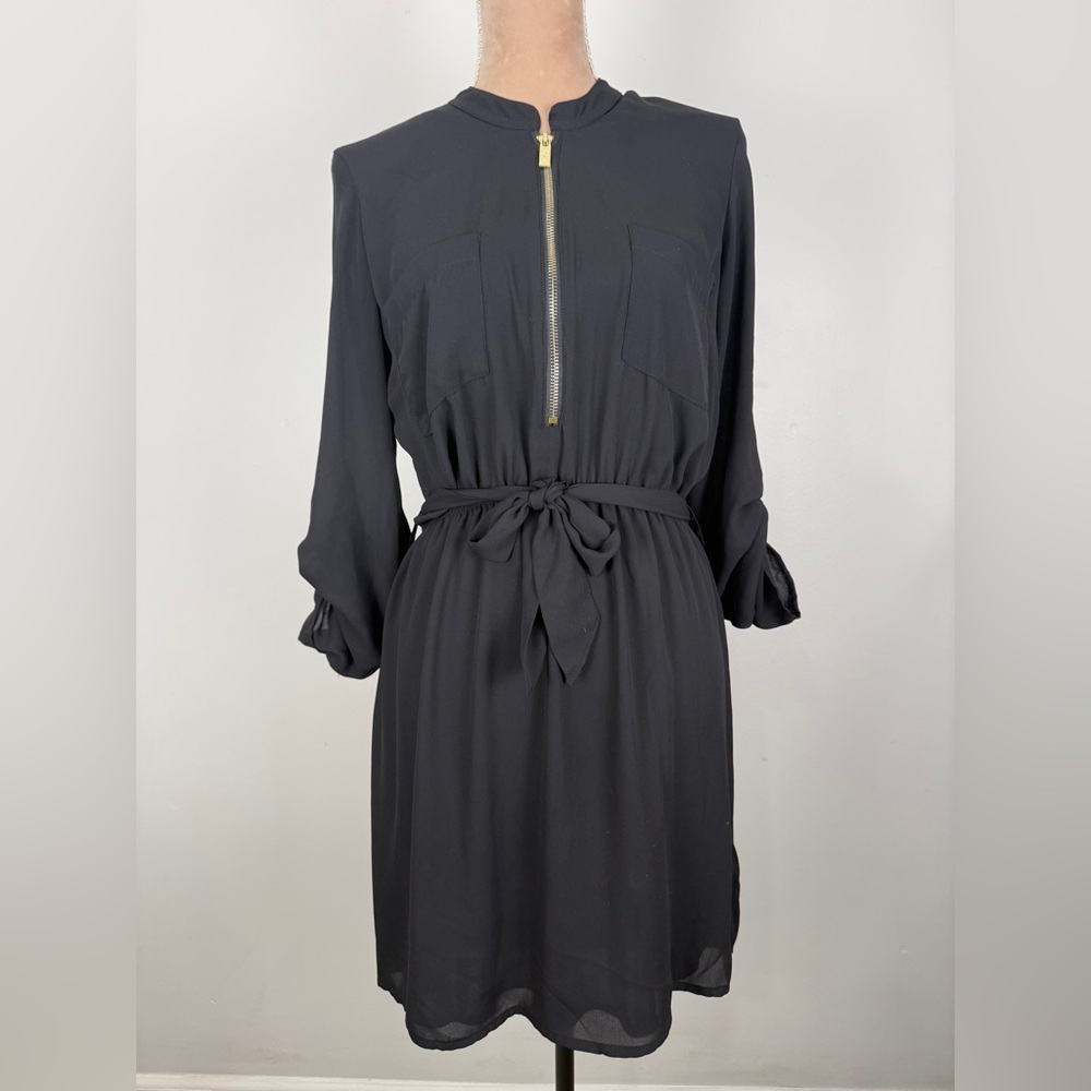 Guess Black Long-Sleeve Zip Front Tie-Waist Dress